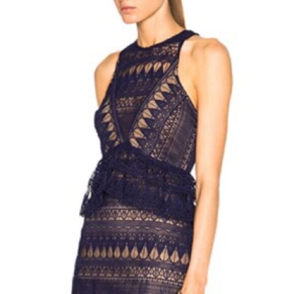 New SELF-PORTRAIT Teardrop Guipere Paneled Maxi Dress Navy Size 0 - Picture 3 of 16